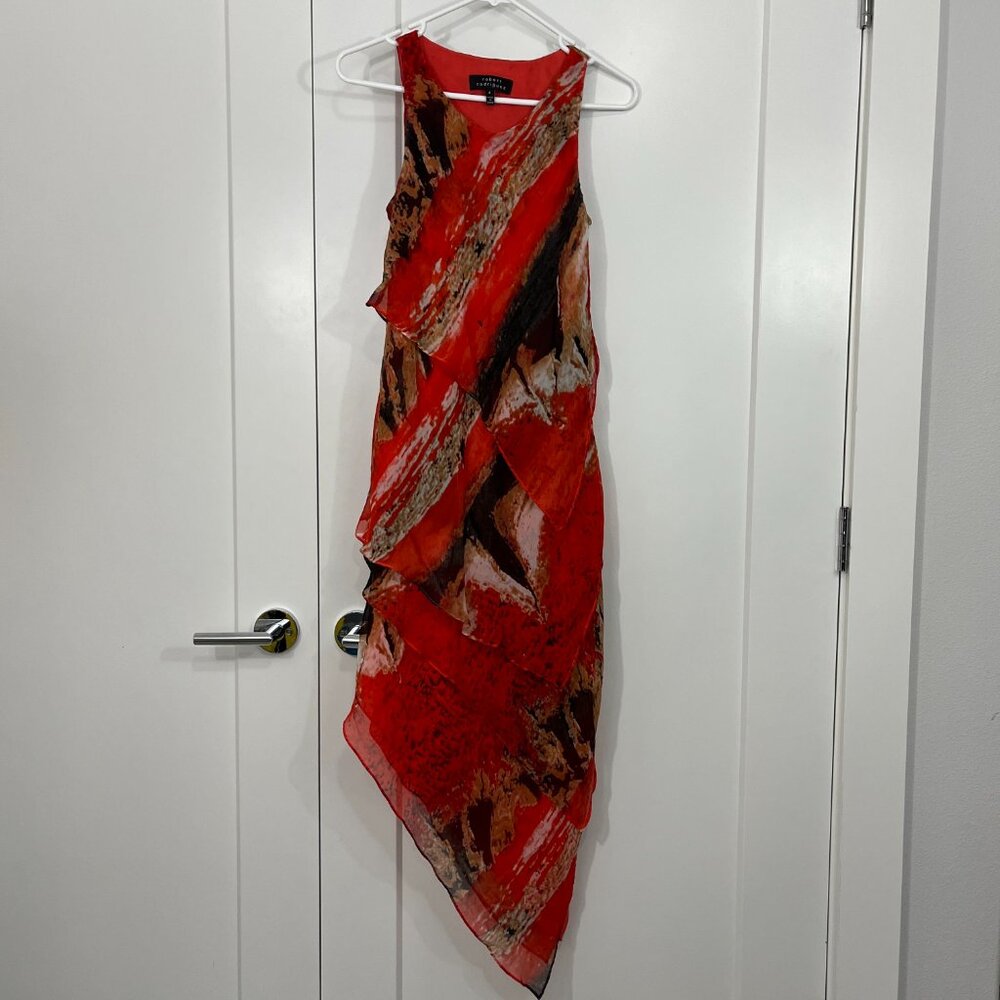 Robert Rodriguez Size 4 Orange, Black Silk Asymmetrical Hem Tiered Tank Dress - Picture 12 of 14